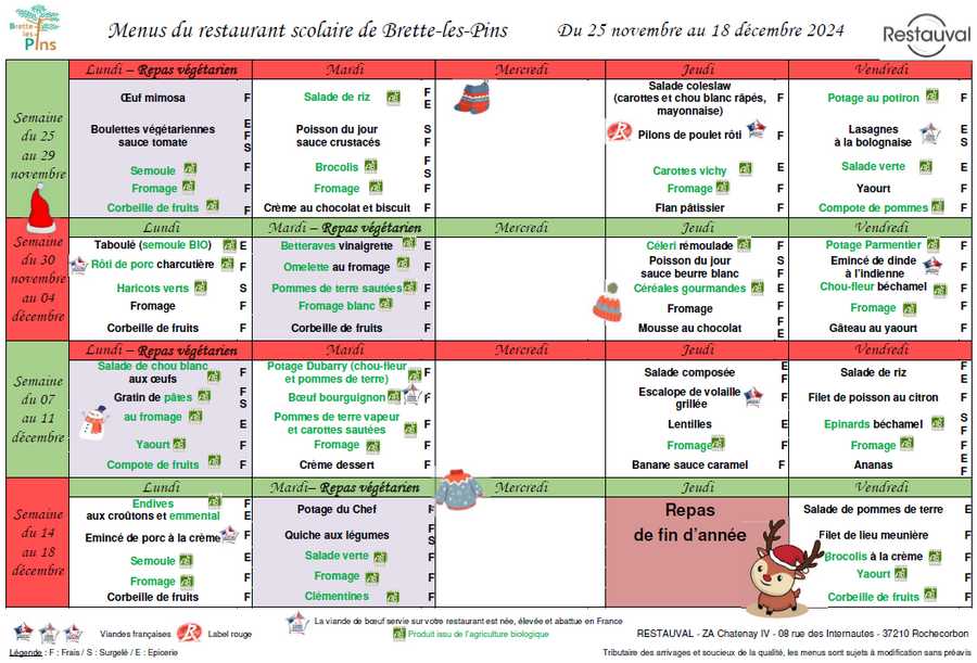 Menus du 25 11 au 18 12